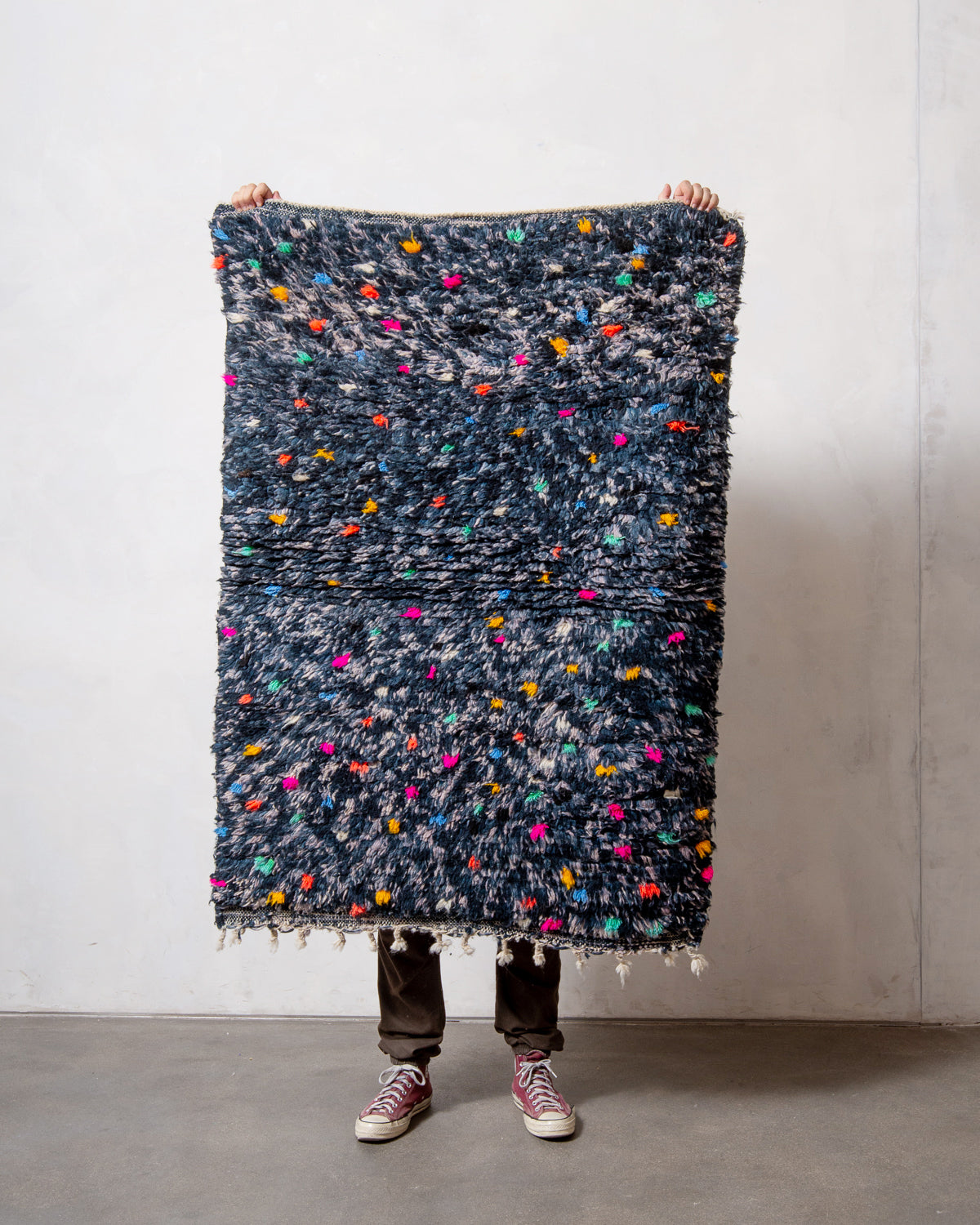 Modern, designer, handcrafted Berber rug from Morocco. Vintage carpet with beautiful colours and patterns and fluffy texture.